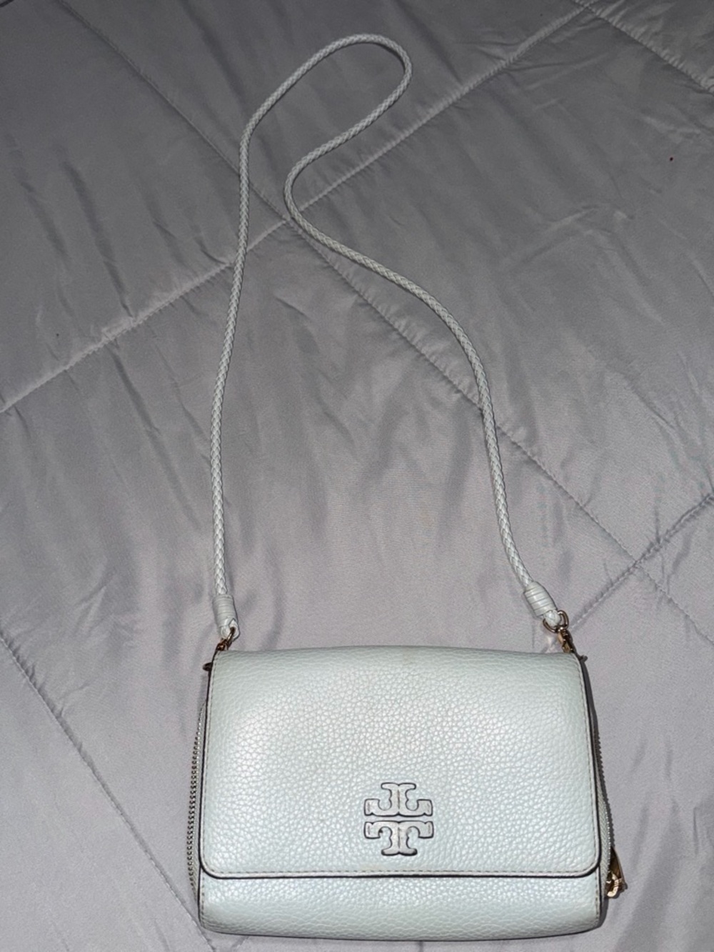Tory Burch Pebbled Leather Crossbody in Light Gray with Braided Strap